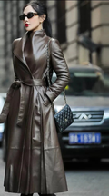 Nerazzurri Autumn Long Brown Black Soft Faux Leather Trench Coat for Women Belt Skirted Elegant Luxury Fashion